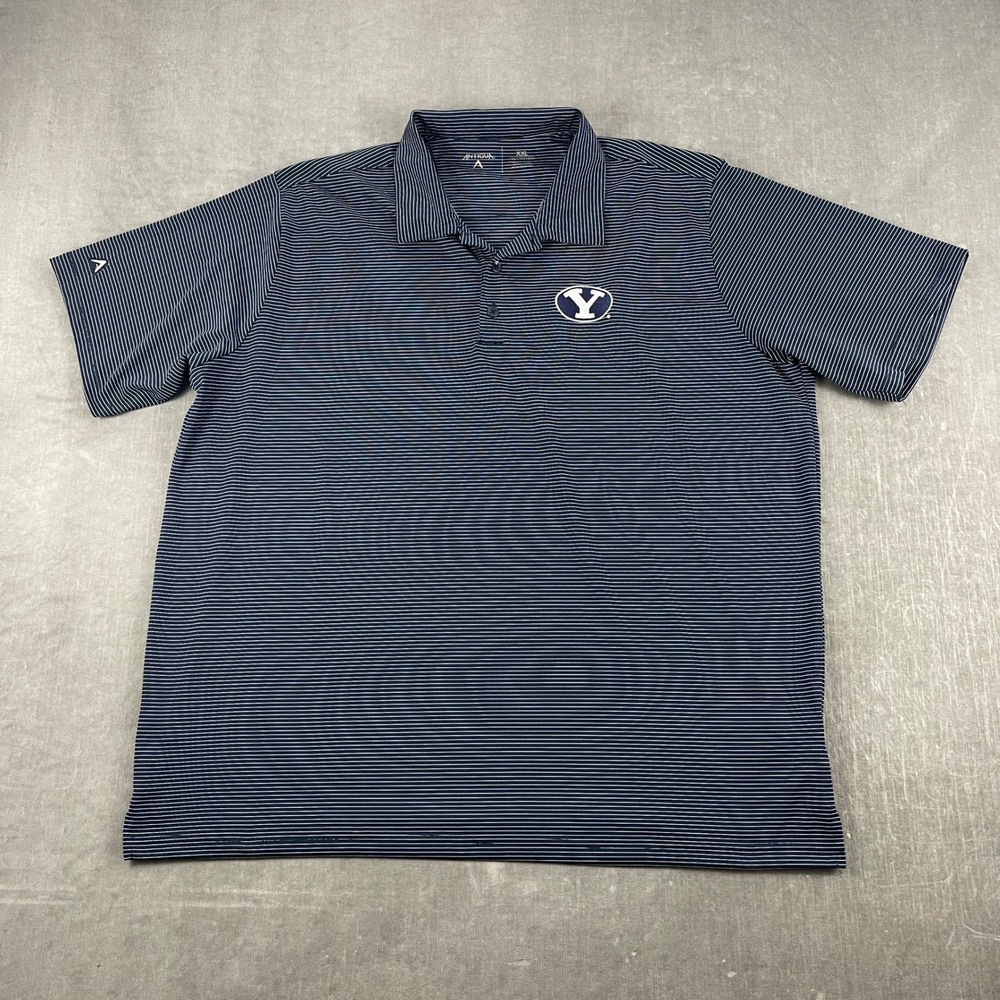 BYU Cougars Antigua Mens XXL Navy Blue Striped Polo Shirt Short Sleeve NCAA